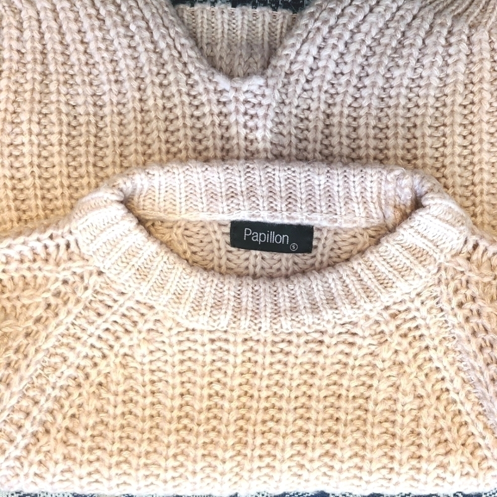 Papillion Cozycore Chunky Knit Sweater Balloon Sleeves Assymetrical Hem Pink - Picture 6 of 12